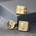 Classic Gift Hip-hop Stainless Steel Gold-plated Tai Chi Cubic Zirconia Inlay Domineering Lion Head Cross Men's Fashion Ring