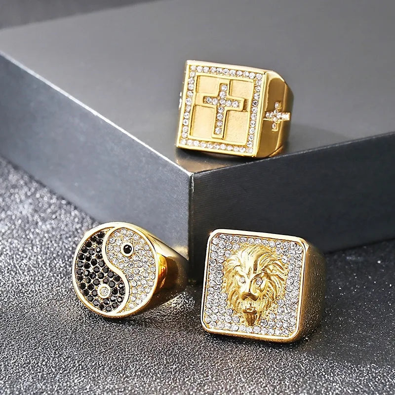 Classic Gift Hip-hop Stainless Steel Gold-plated Tai Chi Cubic Zirconia Inlay Domineering Lion Head Cross Men's Fashion Ring