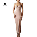 Custom Women's Red Spaghetti Strap Deep V Neck Bodycon Midi Dress Side Slit Sleeveless Elegant Evening Party Gown