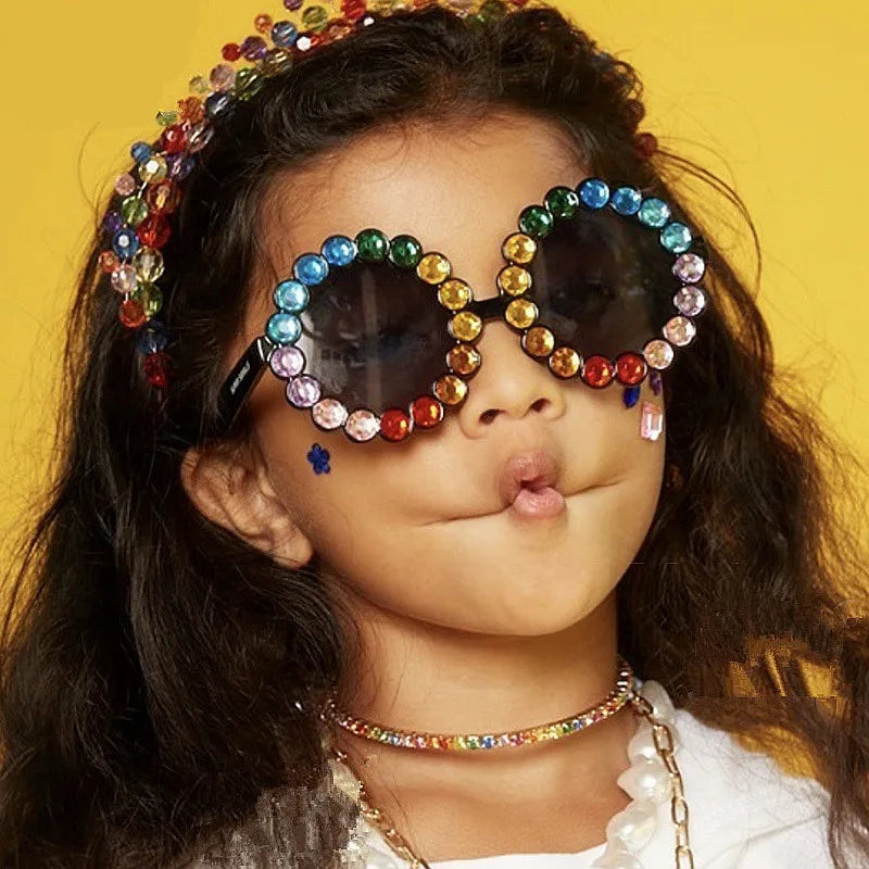 2025 Custom Logo Luxury Fashion Girls Kids Diamond Sunglasses Colorful Rhinestone Round Children Sunglasses