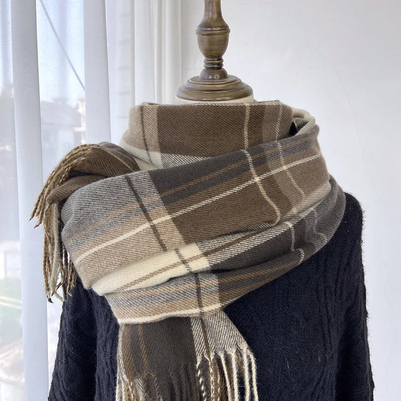 Plaid Women's Winter Polyester Cashmere-like Skin-friendly Comfortable Warm Medium Length Warp Knit Tassel Scarf 68-180cm