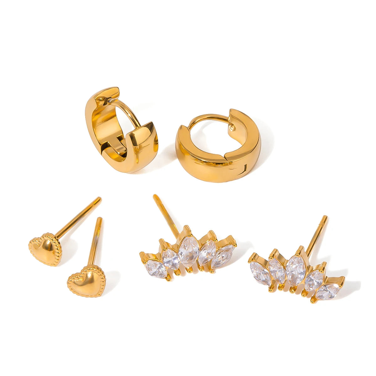 J&D 18k Gold Stainless Steel Zircon White Marquise Zircon Heart Wide Flat Ear Clip Earrings