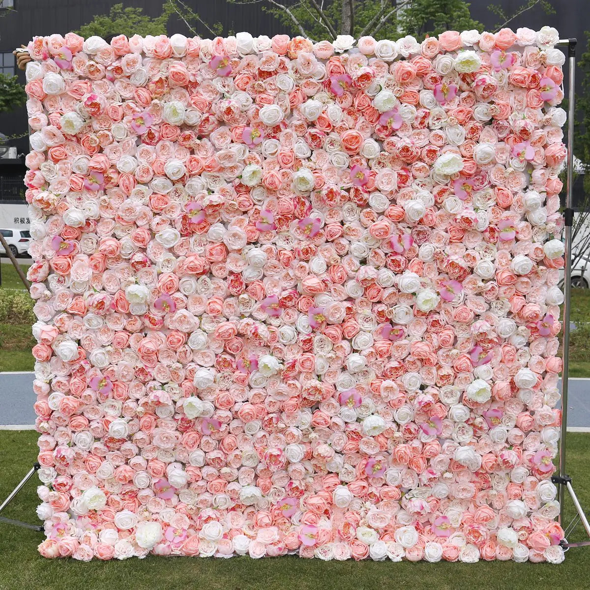Customized Decor 3D Roll up Cloth Flower Walls Pink Rose Wedding Artificial Silk Flower Wall Panel Backdrop
