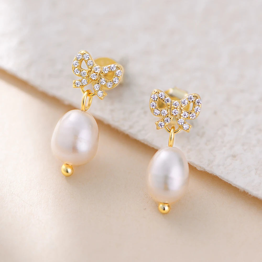 Fashion Elegant 925 Sterling Silver 14/18K Gold Plated Dainty Freshwater Pearl Bow Stud Earrings Jewelry for Women