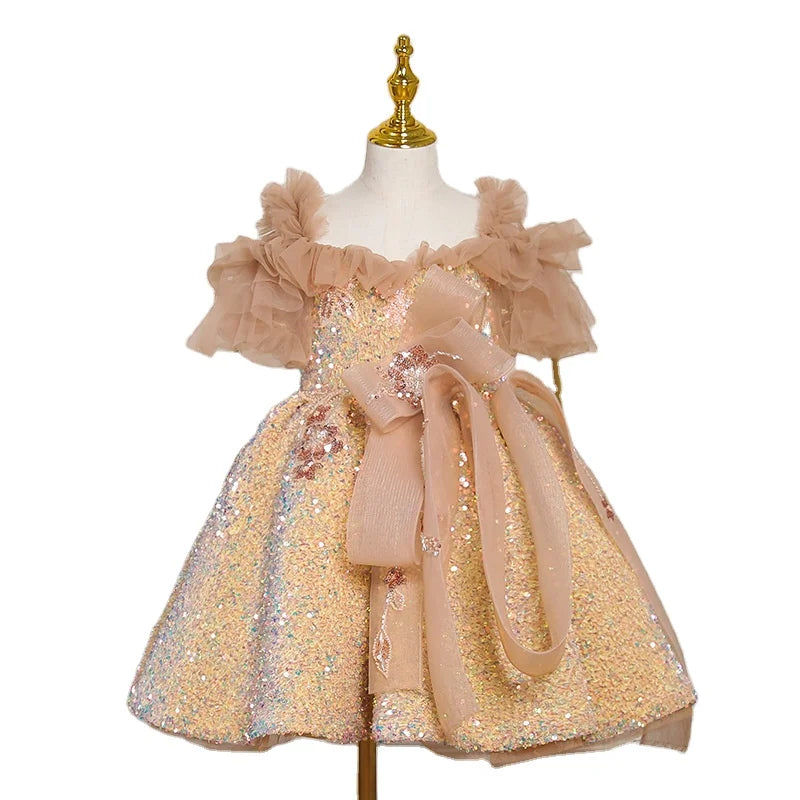 Golden High-end Trailing Girl Wedding Gown for Party Long Tail  Big Girl Dresses for 2-12 Years Old Banquet  Children Party Dres