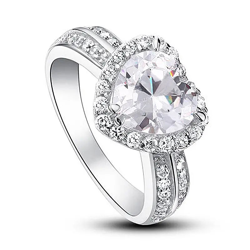 Heart Zircon Diamond White Gold Plated Rhodium Plated 925 Silver Rings