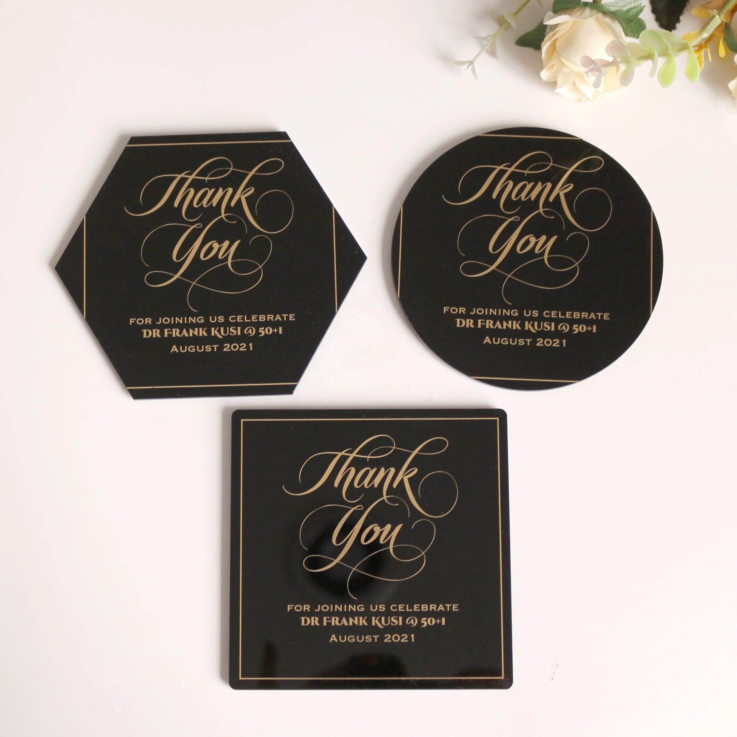 Custom Coasters Eco-friendly Materials Clear Acrylic Cup Pad with Gold Foil Text for Family Restaurants Wedding Offices and Bars