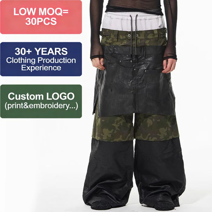Customized High Waist Multi-layer Waxed Twill Paneled Baggy Cargo Pants for Men Autumn Camouflage Printed Wide Leg Trousers