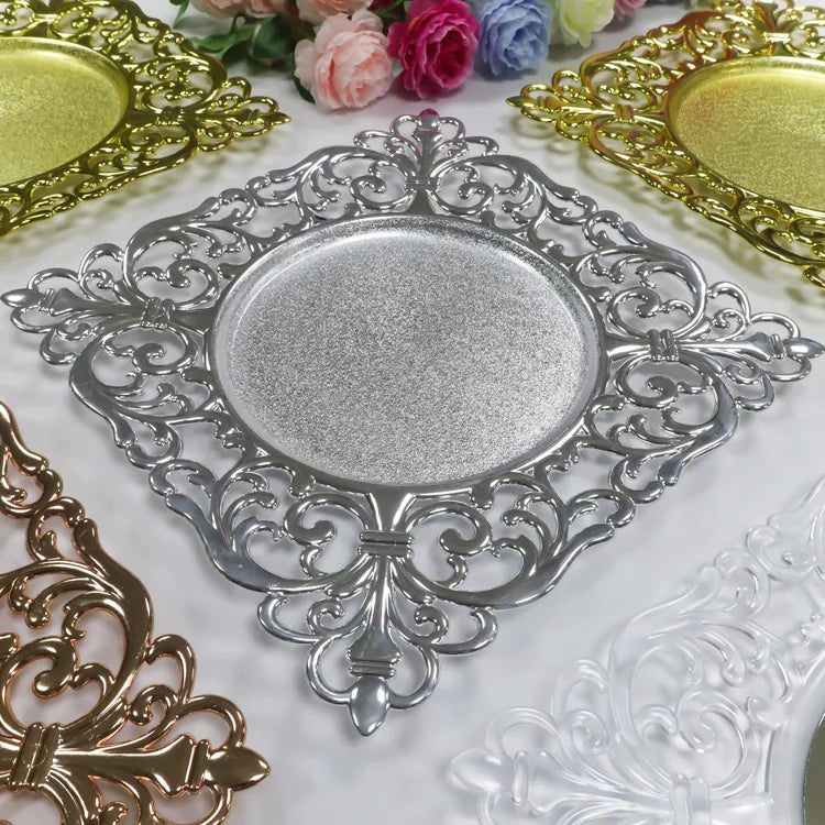 Wholesale Luxury Wedding Party Table Decor 30cm 12" Square Gold Silver Clear Reusable Plastic Charger Plates