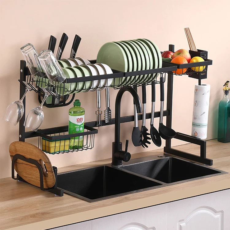 2-Tier Stainless Steel Dish Rack Durable Sink Drying Storage Holder Kitchen Bathroom Stable Double Tiers Design OEM Available