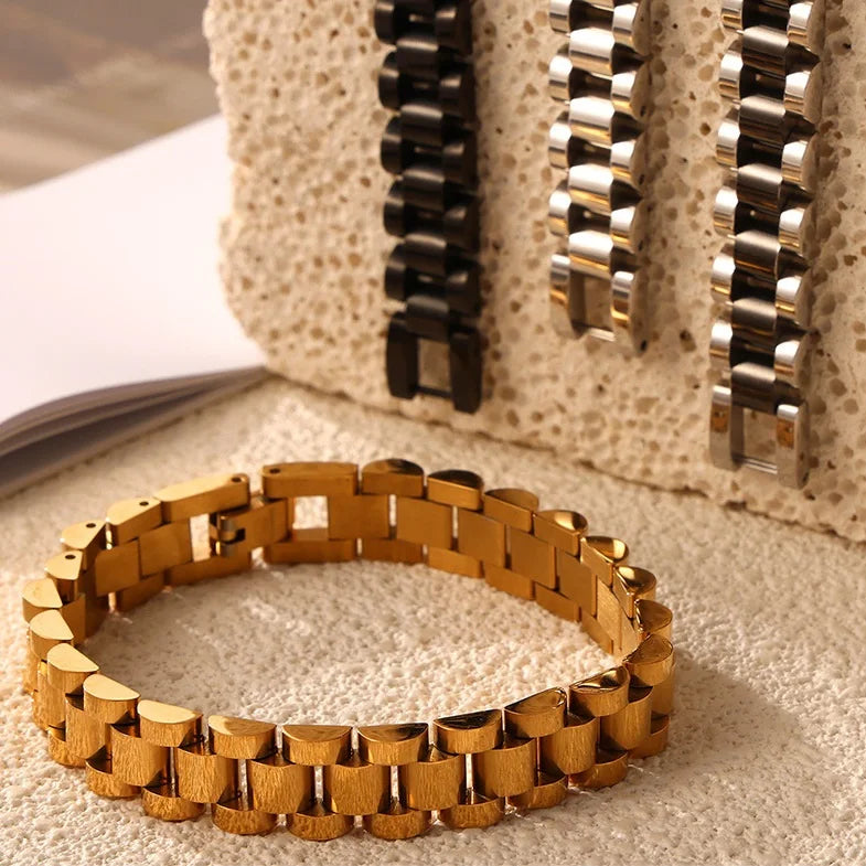 Non Fade 18k Gold Plated Fashion Waterproof Jewelry Non Tarnish Hip Hop Stainless Steel Watch Band Bracelet for Women Jewlery