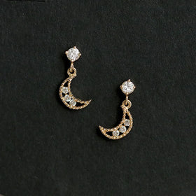 Fancy Cute 14K Gold Plated Pure 925 Sterling Silver Zircon Hollow Crescent Moon Shape Stud Earrings for Women Girls Jewelry