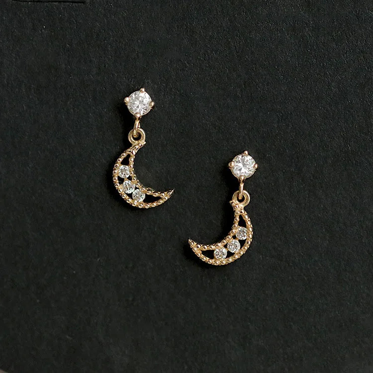 Fancy Cute 14K Gold Plated Pure 925 Sterling Silver Zircon Hollow Crescent Moon Shape Stud Earrings for Women Girls Jewelry