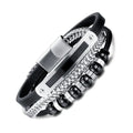 Men's Leather Hand Jewelry 3 Layers Leather Stainless Steel Chain Bracelet Black Beaded Magnetic Clasp Men Bracelet PH1517