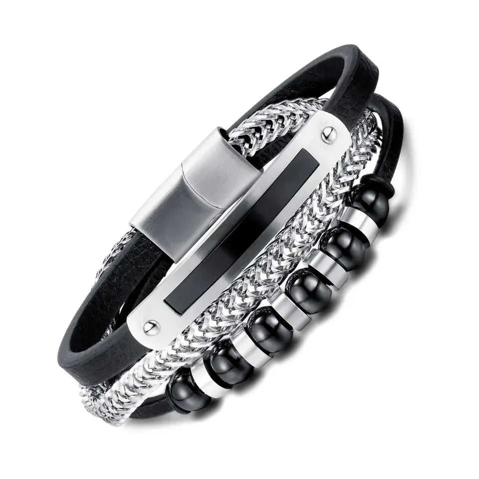 Men's Leather Hand Jewelry 3 Layers Leather Stainless Steel Chain Bracelet Black Beaded Magnetic Clasp Men Bracelet PH1517