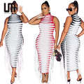 Liu Ming Custom Wholesale Women Elegant Turtleneck Sleeveless Black White Striped Tassel Long Dress