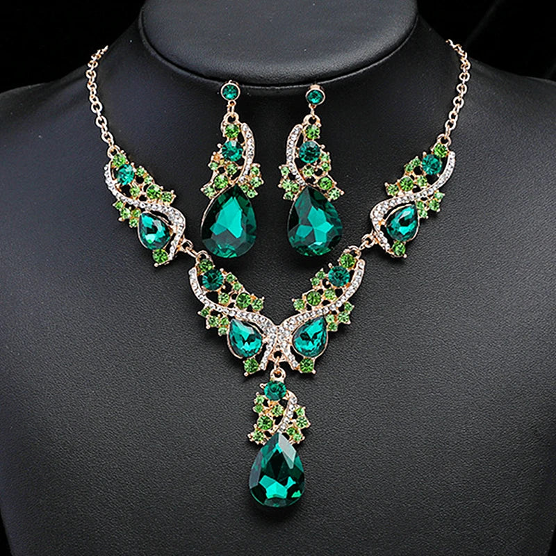 Wedding Banquet Airy Accessories Geometric Exaggerated Earrings Necklace Vintage Multi-color Crystal Jewelry Set Gifts for Women