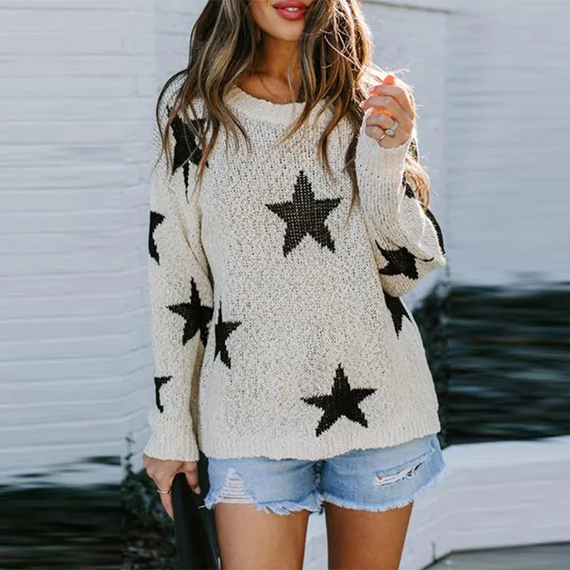 OEM Wholesale Round Neck Knitted Croptop with Star Pattern Fall Winter Fashion with Custom Logo on Front Autumn Season Style