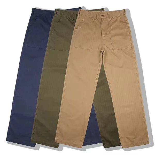 High Quality 100% Cotton Zipper Trousers for Men Vintage Wide Leg Pants With Herringbone Pattern Casual Workwear From Wholesale