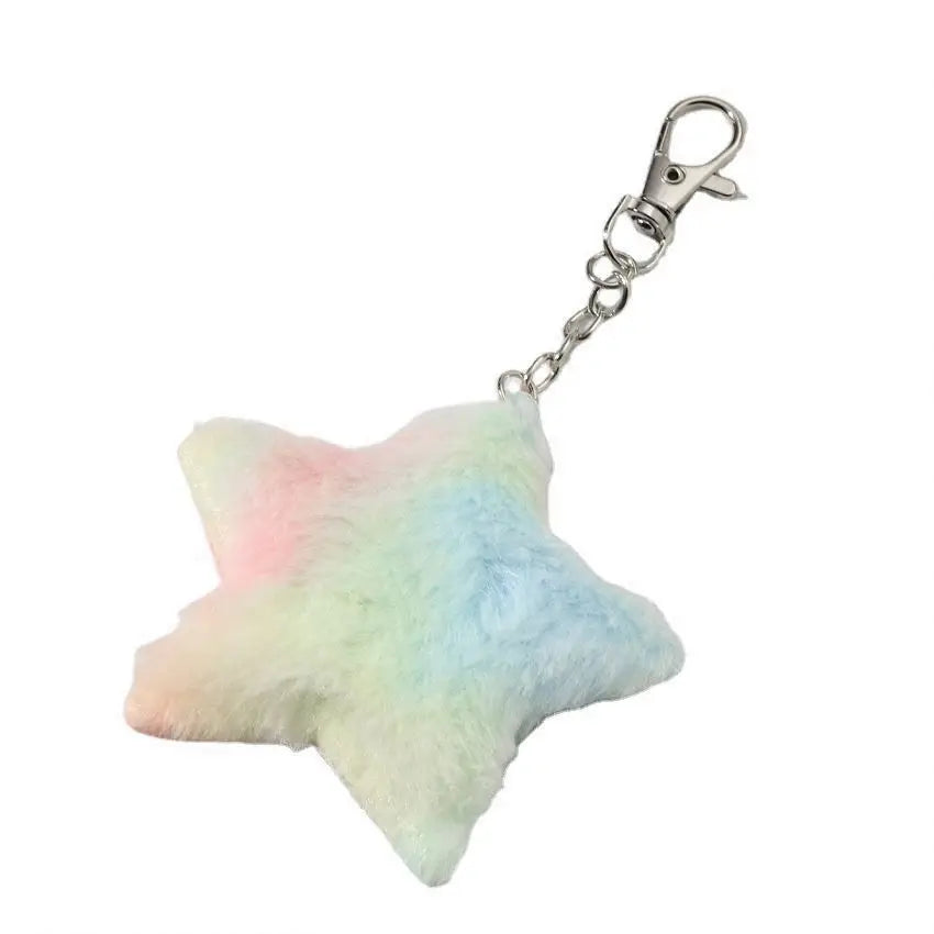 Luxury Colorful Heart Pom Pom Keychain Butterfly Cat Pentagram Star Shape Fluffy Ball Plush Keychain Rainbow Bag Pendant Keyring