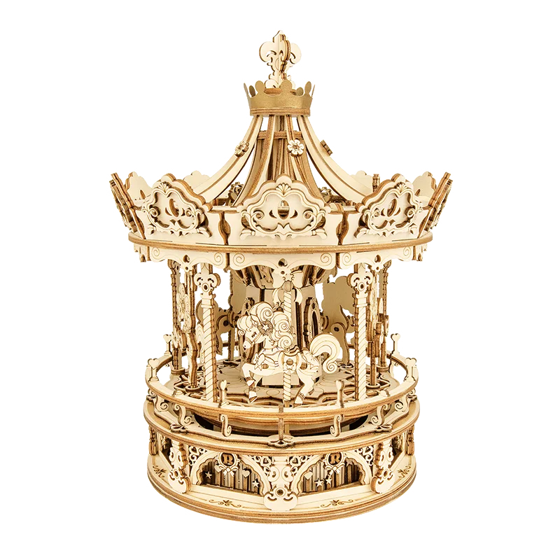 Robotime DIY Handmade Assembled Toys AMK62 Romantic Carousel Music Box 3D Wooden Puzzles for Dropshipping