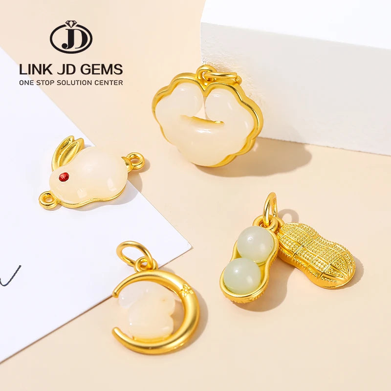 JD Zinc Alloy Gold Plated Lucky Rabbit Lucky Peanut Lucky Cloud Imitated Jade Charm Pendants for Children's Jewelry Making