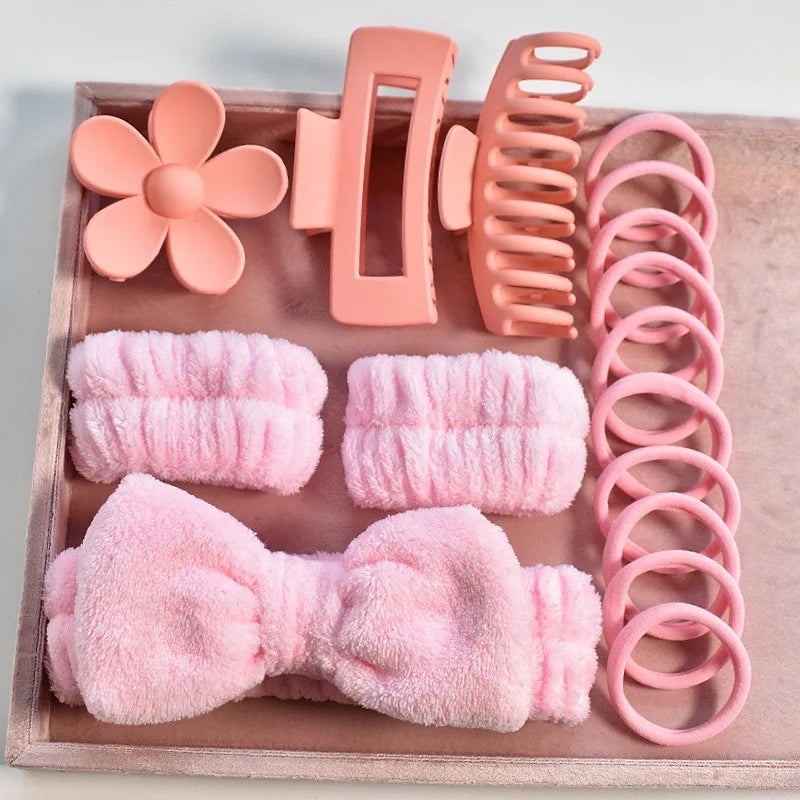 New Arrival 16pc Women's Spa Wash Hair Accessories Gift Set Fluffy Wristband Bow Headband Flower Hair Claw