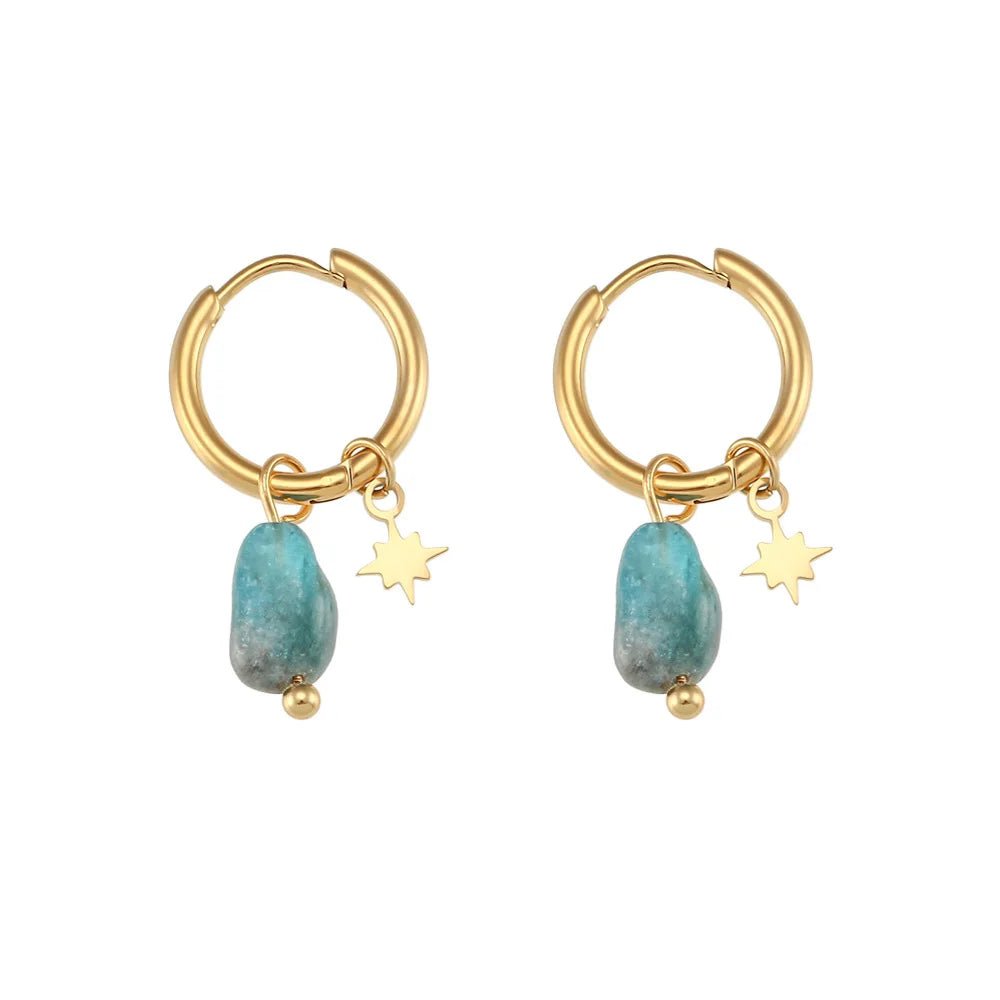 Surgical Steel Gold Plated Hoops Amazonite Stone Boho Designer Beaded Jewelry Earring Natural Stone Dangle Tassel Earrings