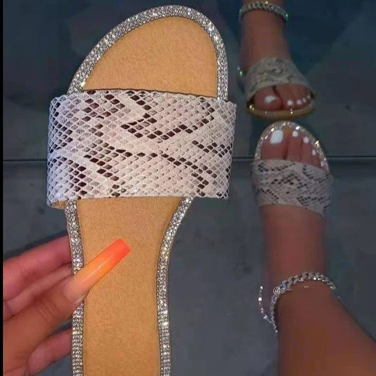Stylish and Sexy PU Leather Snake Flats Sandals for Ladies Slip-On Closure Breathable and Anti-Slip Fashion Trend
