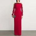 OUDINA New Style Beaded Red Splicing Dimensional Flower Mesh Sleeve Long Dress Dinner Lady Elegant Women Evening Dresses