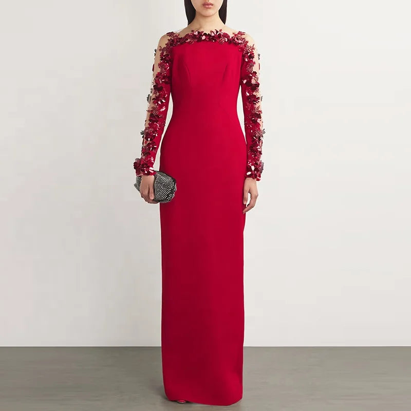OUDINA New Style Beaded Red Splicing Dimensional Flower Mesh Sleeve Long Dress Dinner Lady Elegant Women Evening Dresses