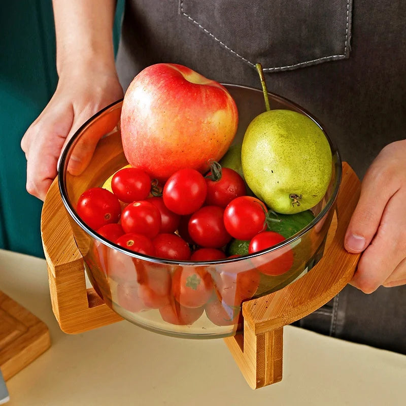 Hot Selling Simple Bamboo Wood Base Glass Fruit Plate Living Room Snack Plate Household Fruit Salad Bowl Restaurant Buffet Bowl