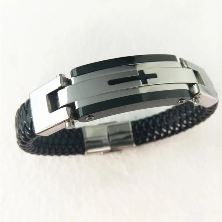 Fashion Men's Christian Top Genuine Braided Knitting Leather Bangle Bracelet W/ Stainless Steel Cross Middle Part Buckle Clasp