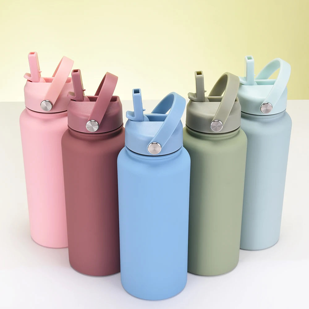 New Sports Water Bottle Stainless Steel Large Capacity 1L American Large Mouth Portable Handle Straw Water Bottle