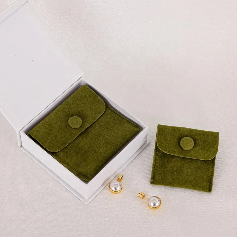 Fashion Green Flap Package Pouch Jewelry Earring Packaging Microfiber Pouches Drawer Box Suede Pouch with Pad