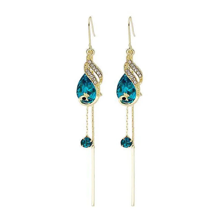 SC Fashion Vintage Long Tassel Hook Earrings Women Gold Plated Dangle Earrings Red Green Crystal Peacock Earrings
