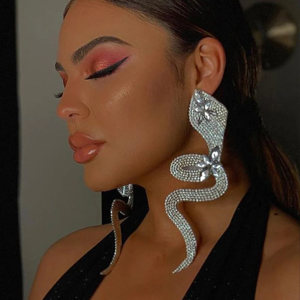 European and American Sexy Exaggerated Snake Shaped Earrings New Rhinestone Large Earrings Queen Accessories