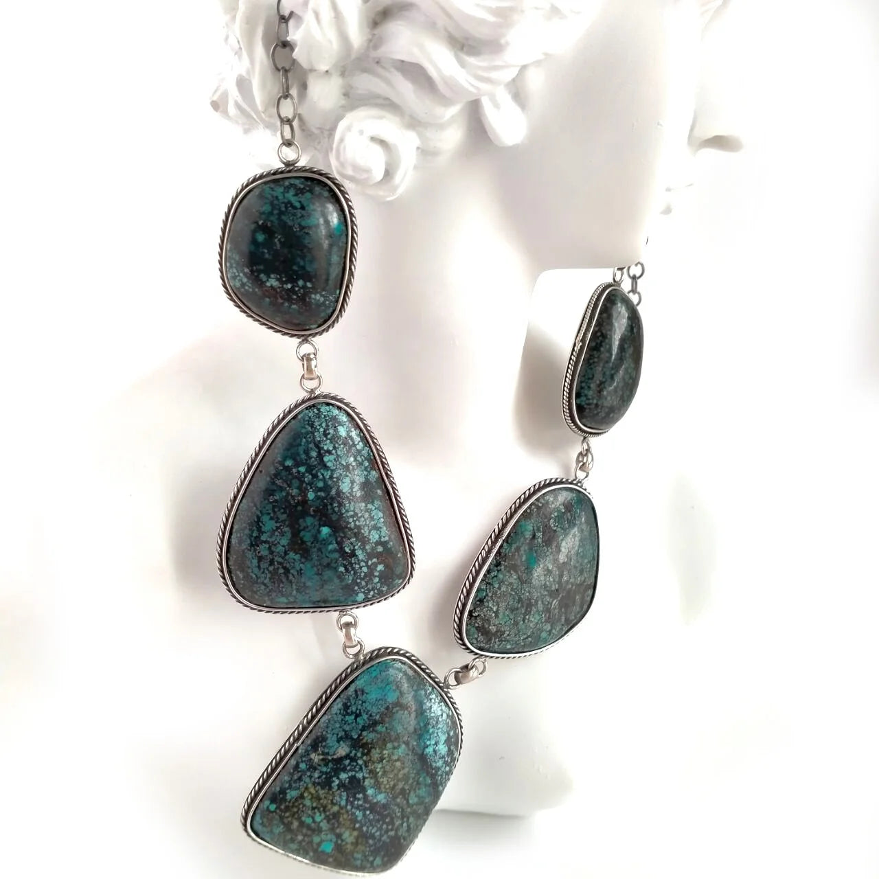 Blue Turquoise Cabochon Cross Pendant 925 Sterling Silver Necklace