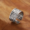 Ethnic Style Buddhist Antique Silver Sutra Mantra Rings Wide Band Opening Adjustable Blessed Lucky Koi Fish Rings for Men