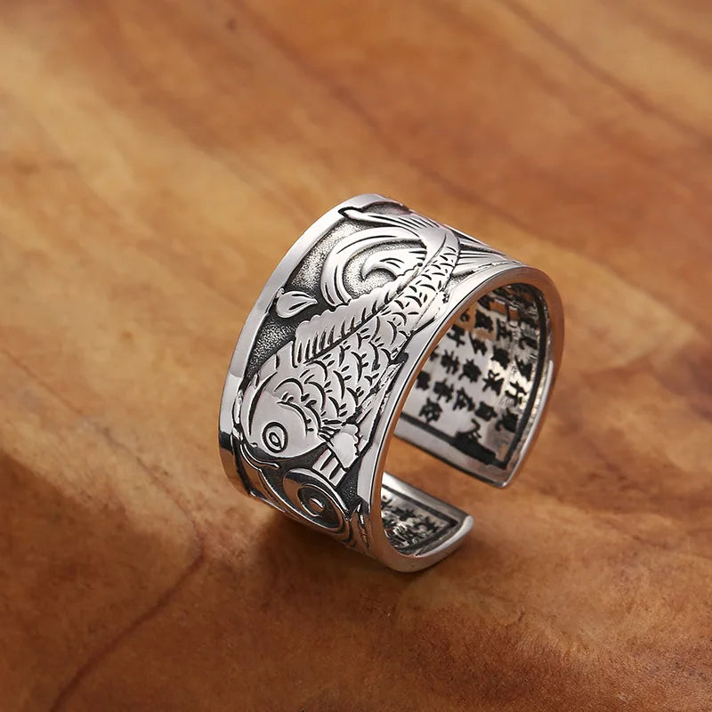 Ethnic Style Buddhist Antique Silver Sutra Mantra Rings Wide Band Opening Adjustable Blessed Lucky Koi Fish Rings for Men