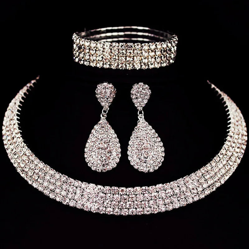 Female Crystal Jewelry Set Charm Gold Silver Color Wedding Drop Earrings for Women Cute Bridal Butterfly Chain Necklace