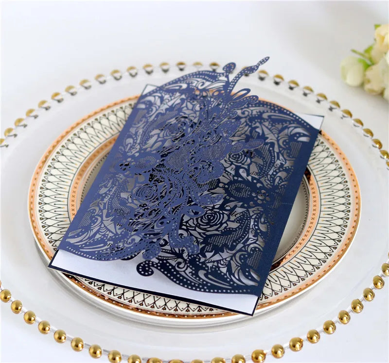 Wholesale Trifold Laser Cut Floral Butterfly Flower Blue Wedding Quinceanera Invitation Card for Faire Part Mariage