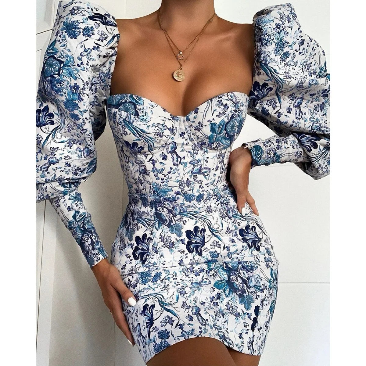 Full Sleeve Floral Print Vintage Blue Bodycon Dress Puff Sleeve Mini Autumn Winter Dress Chinese Women Party Night Elegant Dress