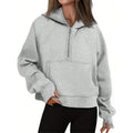 Women Grey Quarter Zip Cropped Hoodie Kangaroo Pocket Oversized Casual Streetwear Half Zip Pullover Sweatshirt