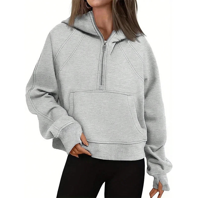 Women Grey Quarter Zip Cropped Hoodie Kangaroo Pocket Oversized Casual Streetwear Half Zip Pullover Sweatshirt