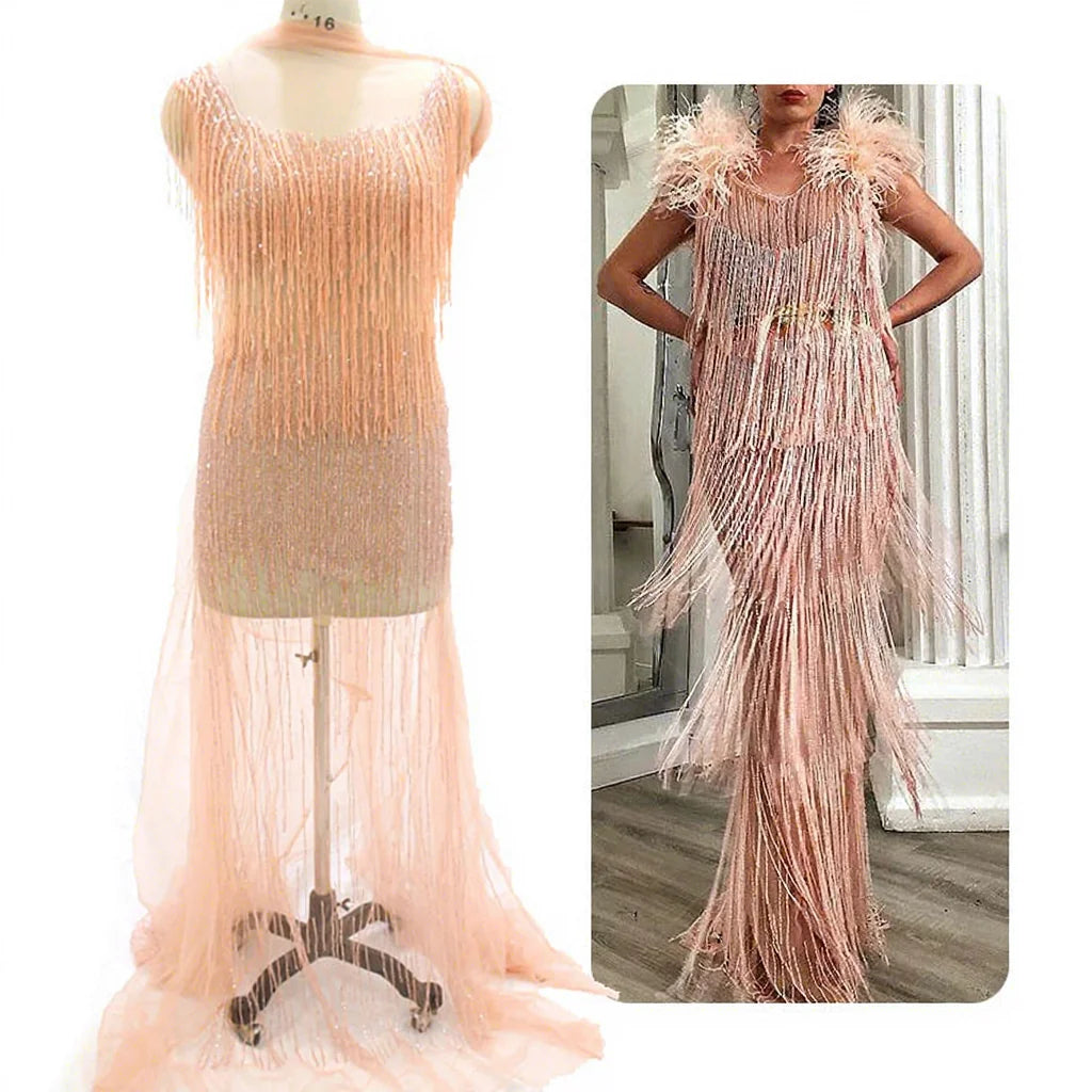 WDP-059 Pink Long Tassel Beads Sew on Bridal Full Body Designs Crystal Bodice Applique for Woman Party Dress
