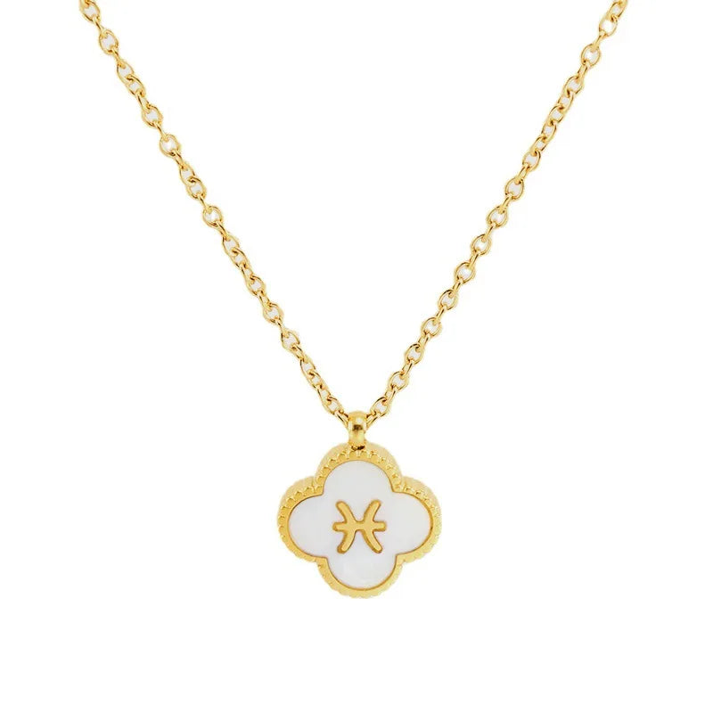 Elegant Female Stainless Steel Zodiac Necklace with 18K Gold Flower Charms Fashionable Choker Horoscope Sign Necklace