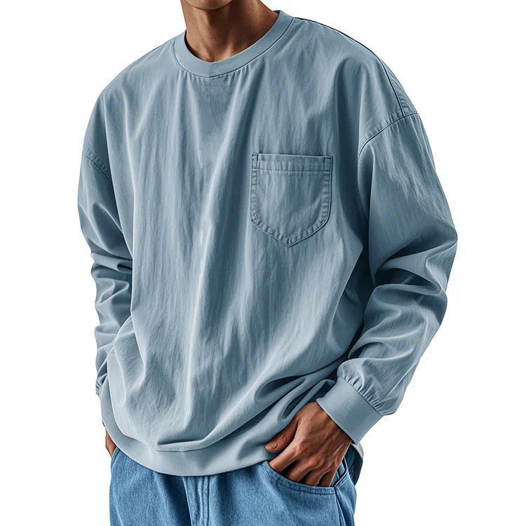 RNSHANGER Spring Round Neck T-shirt for Men Casual Solid Color Long Sleeve Tshirt Male Loose Pocket Fashion Street Sport T Shirt