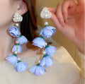 Sweet Blue Color Fabric Flower Pearl Tassel Long Drop Earrings Silver Needle Party Jewelry Long Flower Blue Stud Earrings