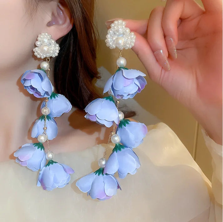 Sweet Blue Color Fabric Flower Pearl Tassel Long Drop Earrings Silver Needle Party Jewelry Long Flower Blue Stud Earrings